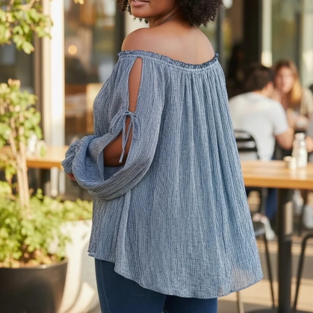 American Eagle Outfitters Off-Shoulder Gray Blouse - Picture 2 of 4